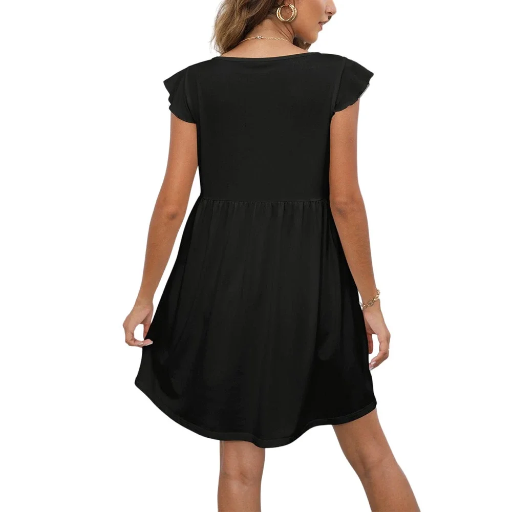 Pink Daisy Black Flutter Sleeve ALine Dress Women & Plus Size M - Picture 2 of 2